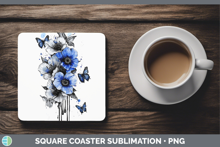 Blue Drips Wild Flowers Square Coaster Sublimation Coaster D