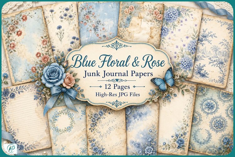 Blue Floral and Rose Junk Journal Papers Printable example image 1