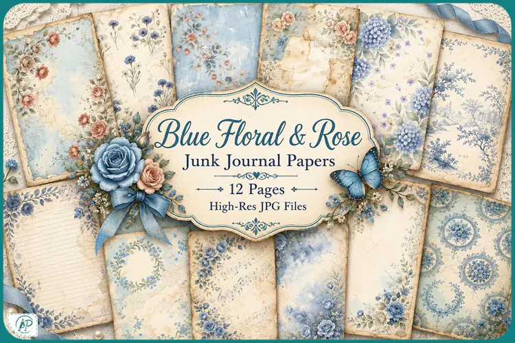 Blue Floral and Rose Junk Journal Papers Printable
