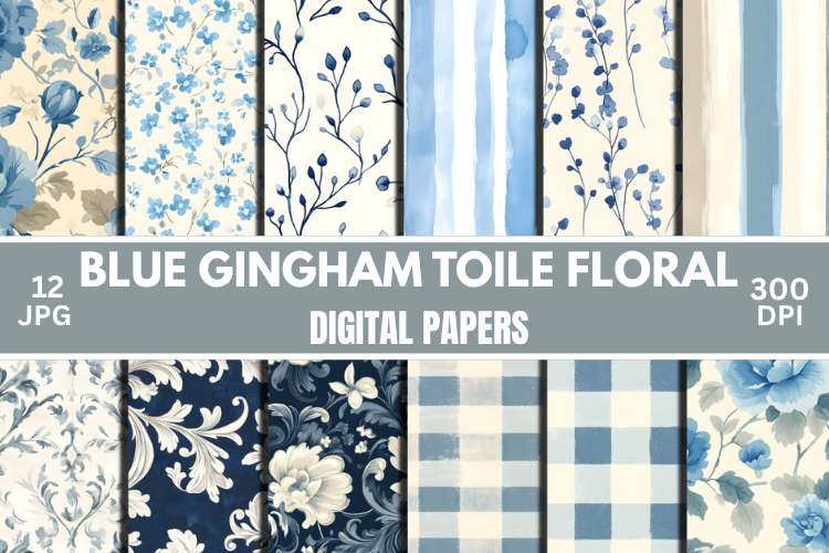 Blue Floral Gingham Toile Digital Paper Pack Scrapbook Set