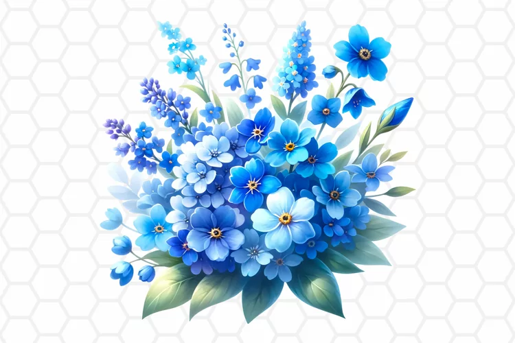 Blue Flower Bouquet Watercolor Clipart, Sublimation PNG