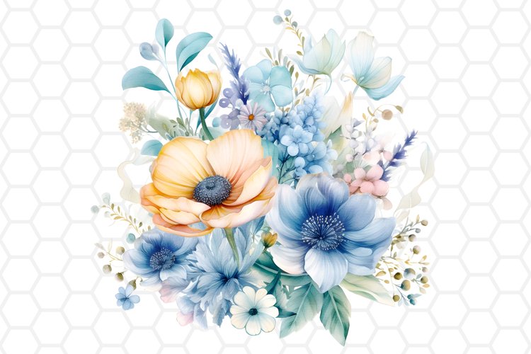 Blue Flower Bouquet Watercolor Clipart, Sublimation PNG