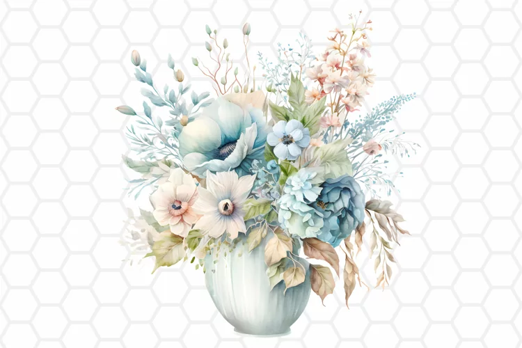 Blue Flower Bouquet Watercolor Clipart, Sublimation PNG