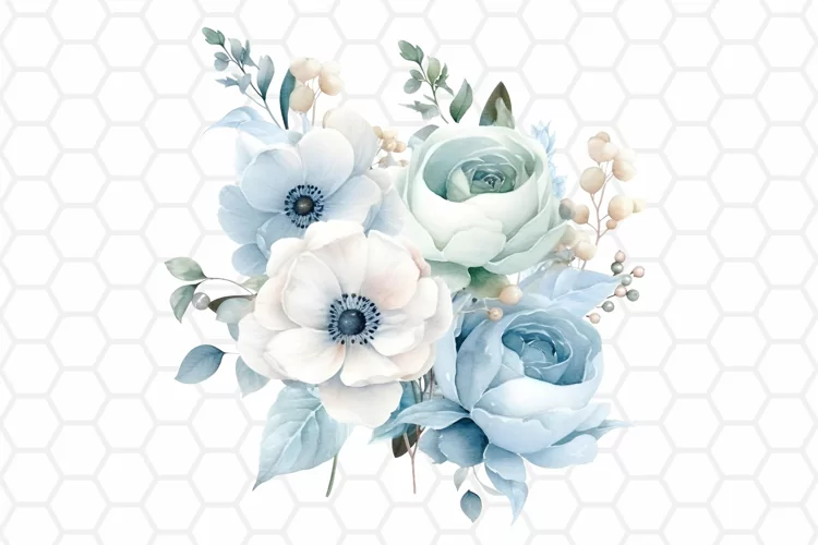 Blue Flower Bouquet Watercolor Clipart, Sublimation PNG