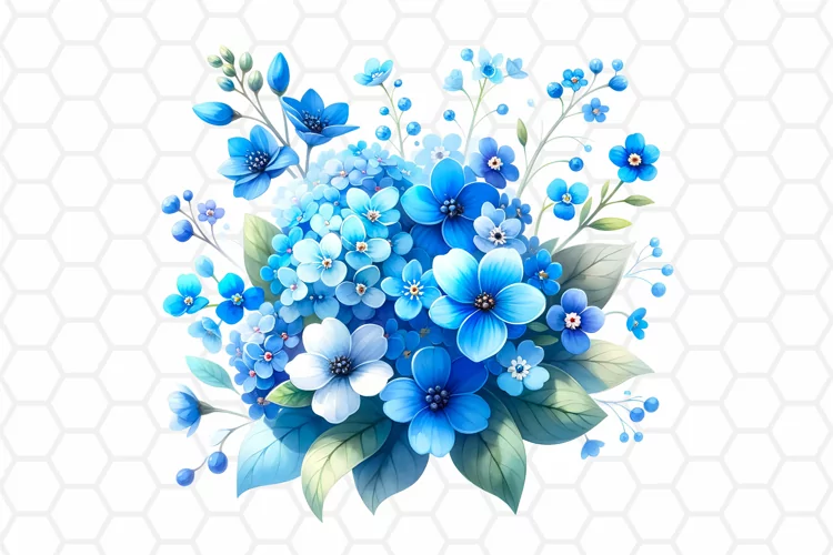 Blue Flower Bouquet Watercolor Clipart, Sublimation PNG