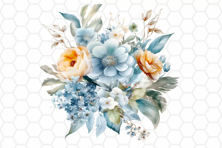 Blue Flower Bouquet Watercolor Clipart, Sublimation PNG