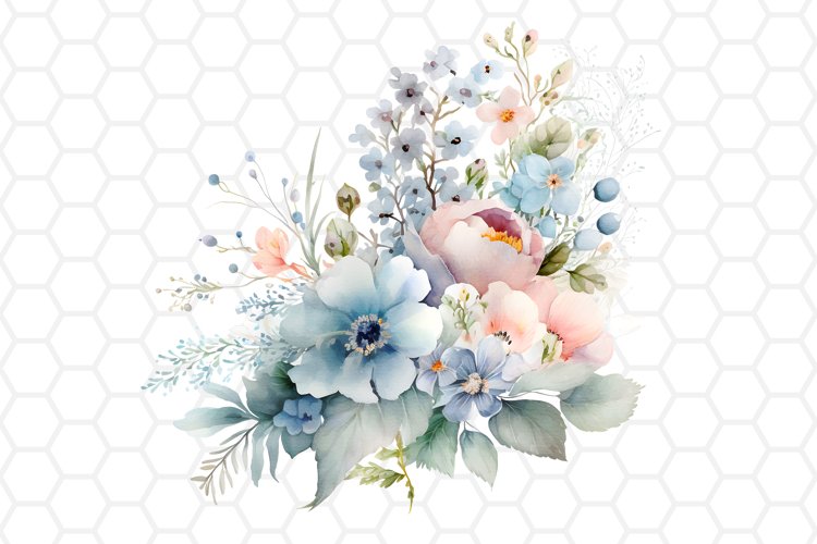 Blue Flower Bouquet Watercolor Clipart, Sublimation PNG