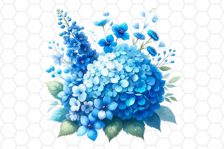 Blue Flower Bouquet Watercolor Clipart, Sublimation PNG