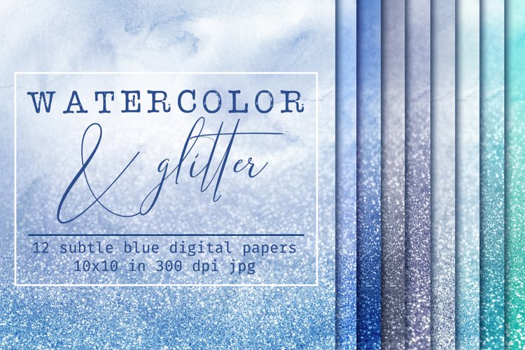 12 Blue Glitter Watercolor Ombre Textures - JPG Backgrounds example image 1
