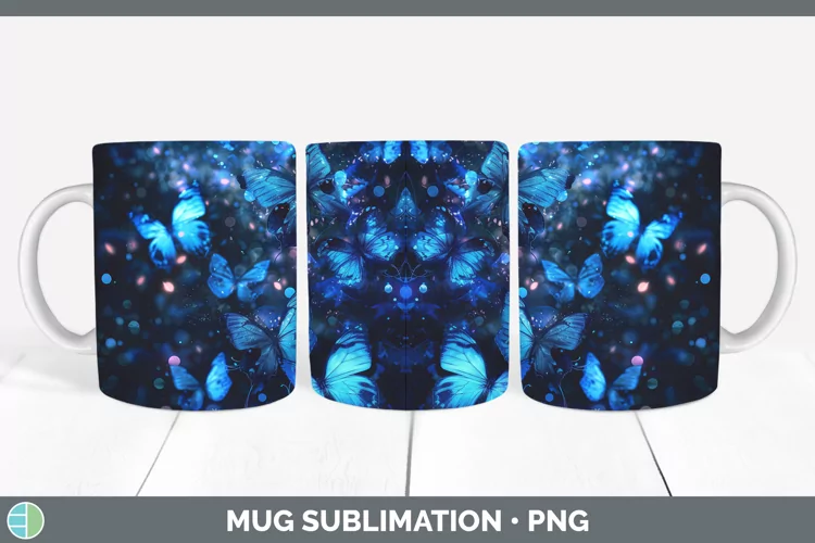 Blue Glow Butterflies Mug Wrap Sublimation Coffee Cup Design