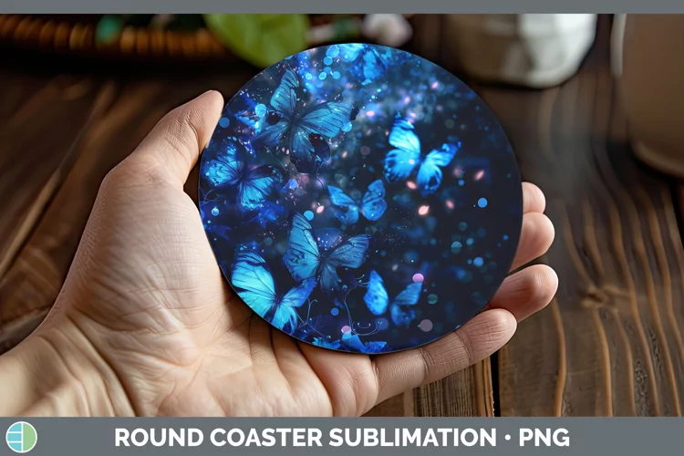 Blue Glow Butterflies Round Coaster Sublimation Coaster Desi