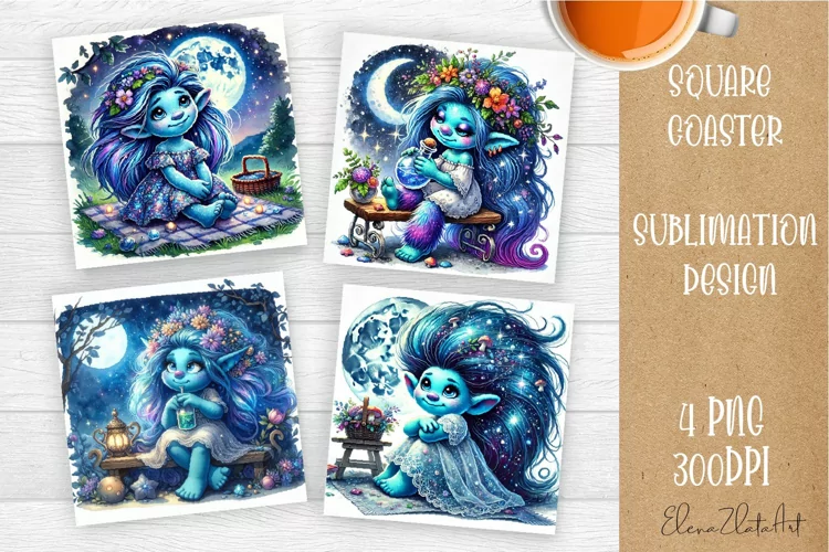 Watercolor Blue Gnome Girl Coasters Sublimation