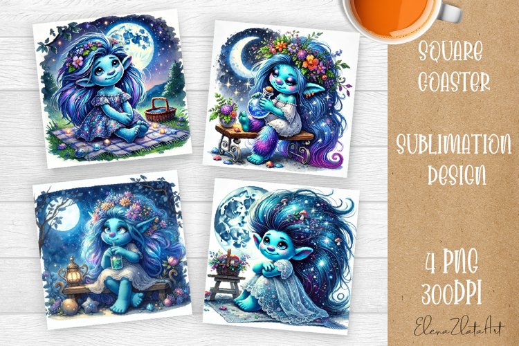 Watercolor Blue Gnome Girl Coasters Sublimation example image 1