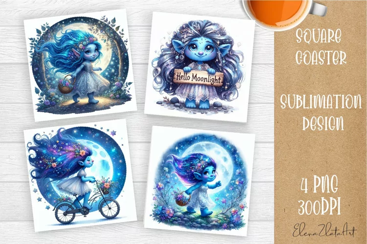 Watercolor Blue Gnome Girl Coasters Sublimation