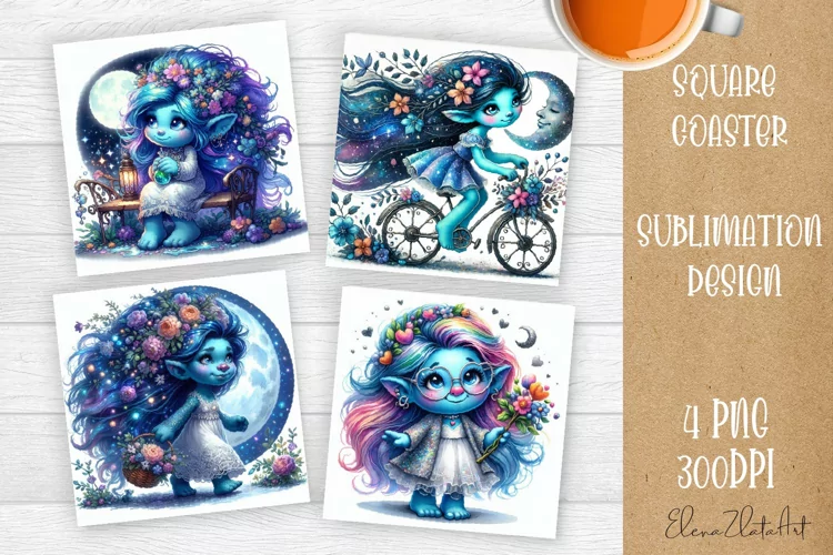 Watercolor Blue Gnome Girl Coasters Sublimation