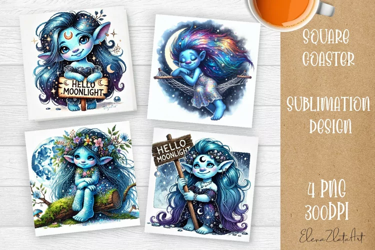 Watercolor Blue Gnome Girl Coasters Sublimation