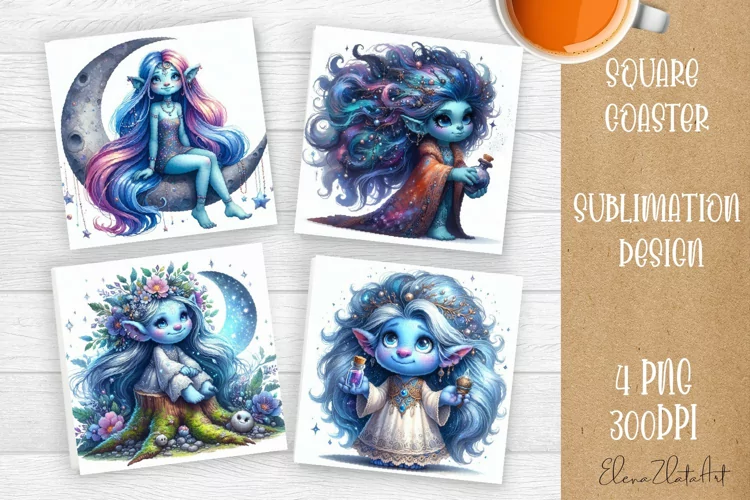 Watercolor Blue Gnome Girl Coasters Sublimation