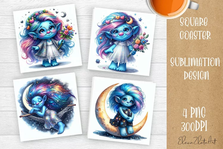 Watercolor Blue Gnome Girl Coasters Sublimation