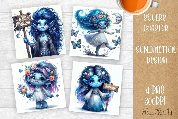 Watercolor Blue Gnome Girl Coasters Sublimation