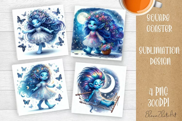 Watercolor Blue Gnome Girl Coasters Sublimation