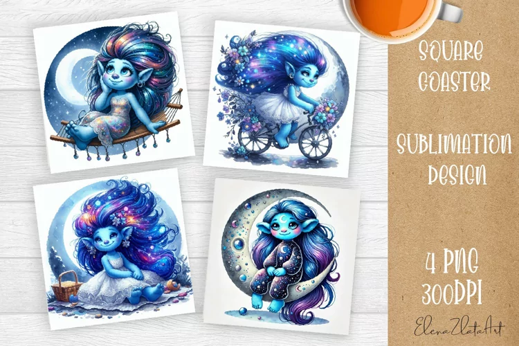 Watercolor Blue Gnome Girl Coasters Sublimation