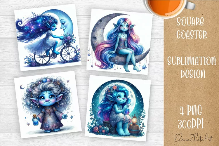 Watercolor Blue Gnome Girl Coasters Sublimation