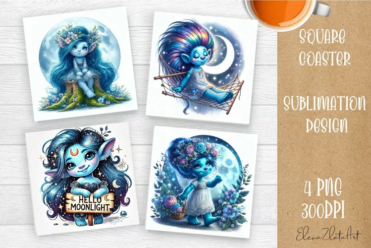 Watercolor Blue Gnome Girl Coasters Sublimation