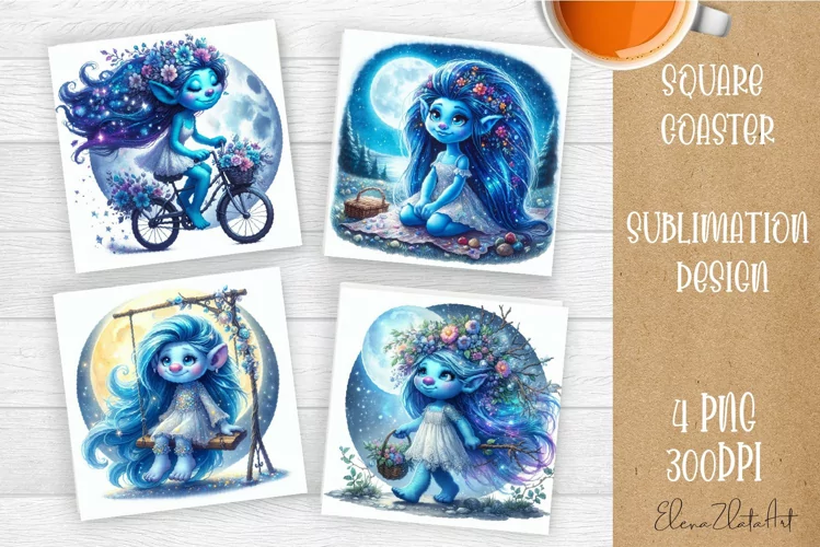 Watercolor Blue Gnome Girl Coasters Sublimation