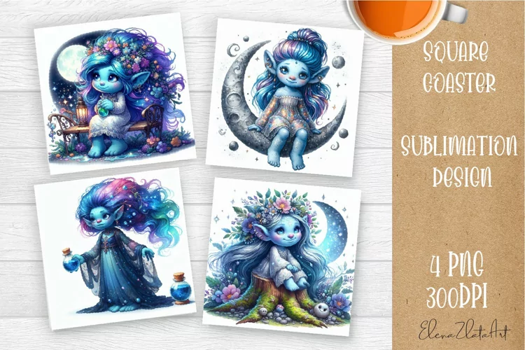 Watercolor Blue Gnome Girl Coasters Sublimation