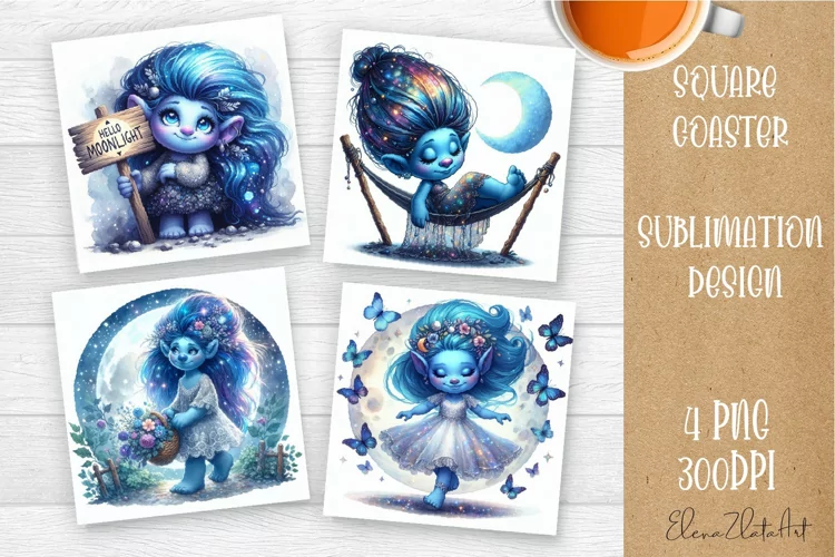 Watercolor Blue Gnome Girl Coasters Sublimation