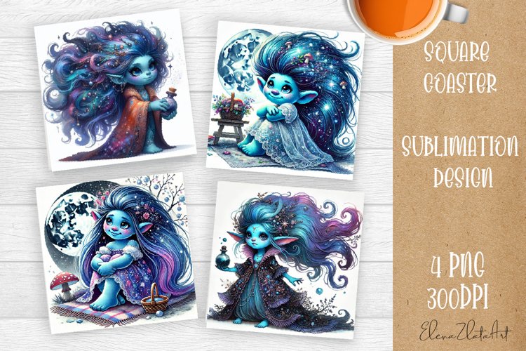 Watercolor Blue Gnome Girl Coasters Sublimation example image 1