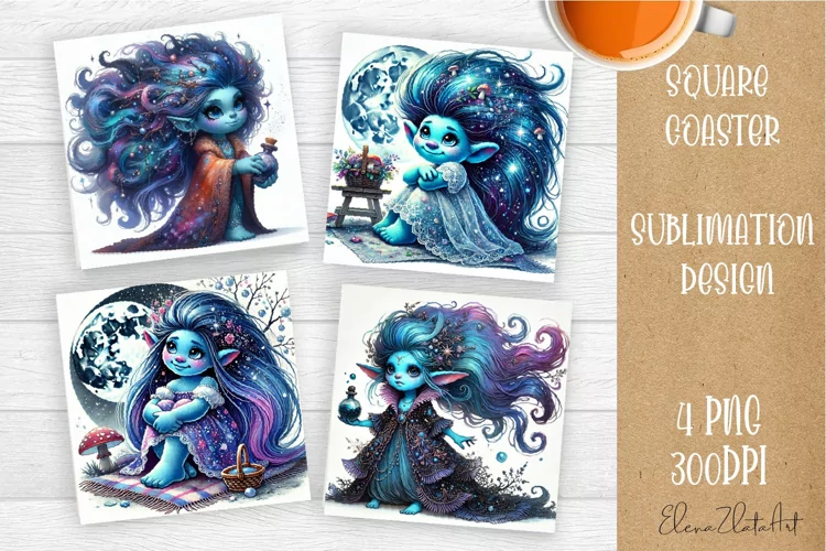 Watercolor Blue Gnome Girl Coasters Sublimation