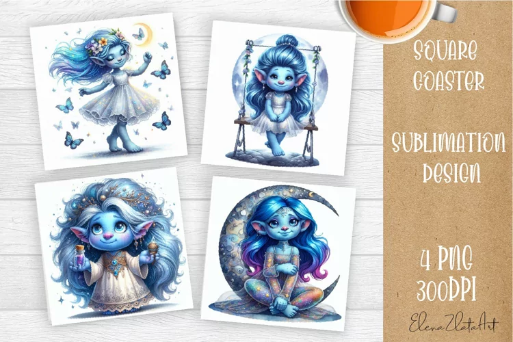Watercolor Blue Gnome Girl Coasters Sublimation