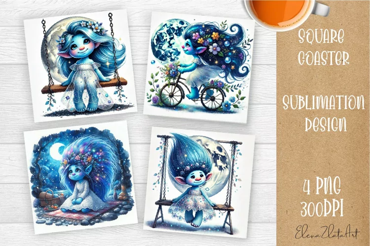 Watercolor Blue Gnome Girl Coasters Sublimation