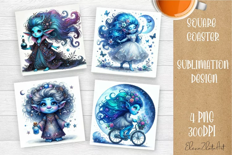 Watercolor Blue Gnome Girl Coasters Sublimation