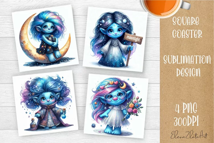 Watercolor Blue Gnome Girl Coasters Sublimation