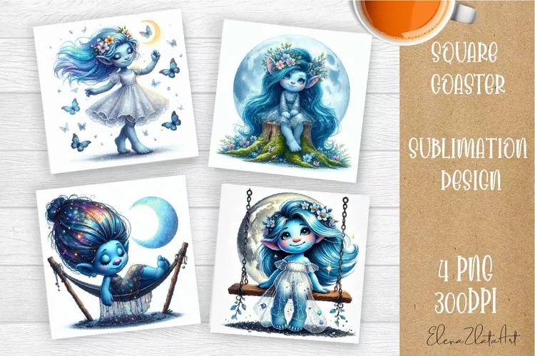 Watercolor Blue Gnome Girl Coasters Sublimation