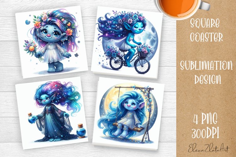 Watercolor Blue Gnome Girl Coasters Sublimation example image 1