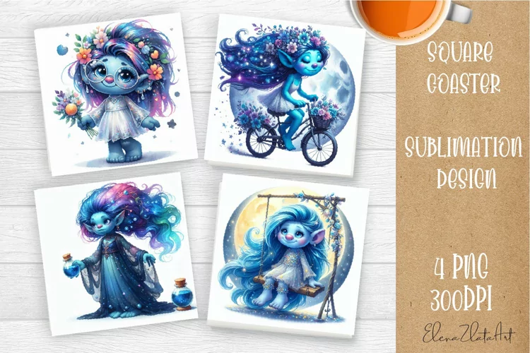 Watercolor Blue Gnome Girl Coasters Sublimation