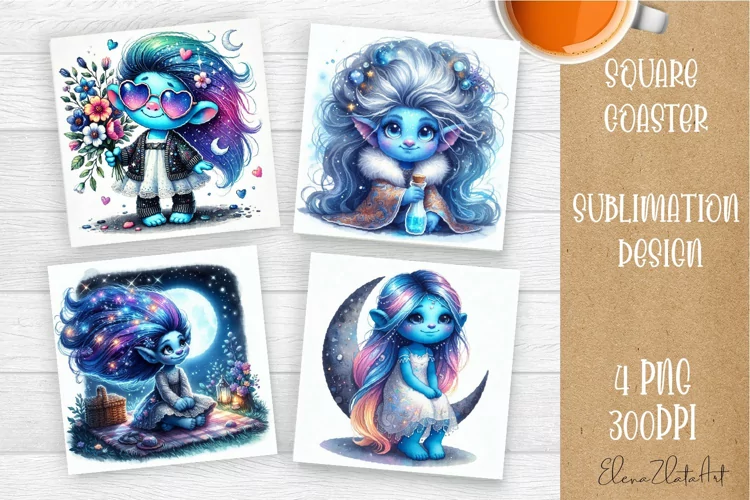 Watercolor Blue Gnome Girl Coasters Sublimation