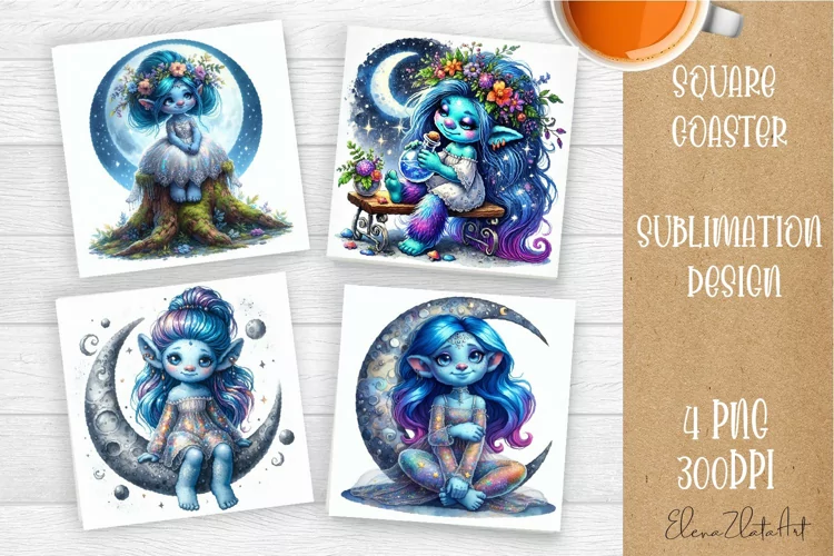 Watercolor Blue Gnome Girl Coasters Sublimation