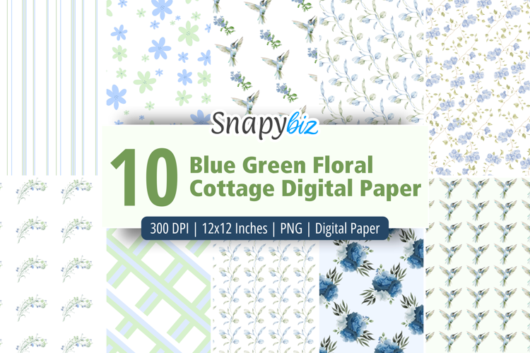 Blue Green Floral Cottage Digital Paper