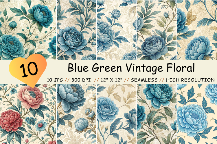 Blue Green Vintage Floral Pattern, Seamless Pattern