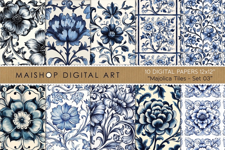 Blue Hand-painted Majolica Tiles Digital Papers