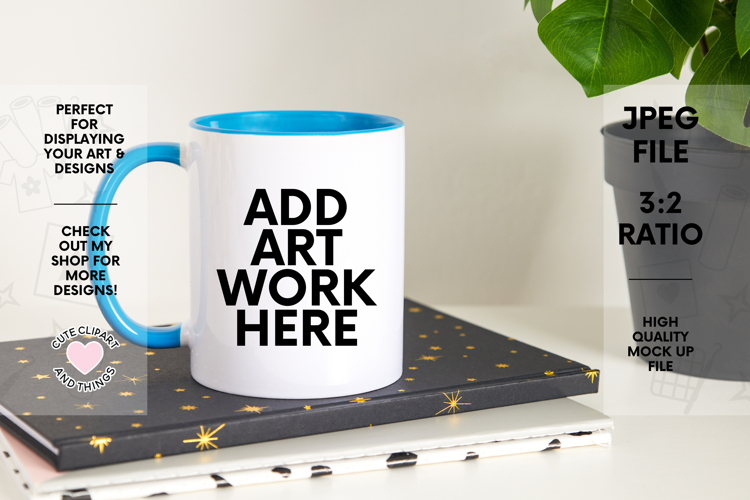 Mug Mock Up | 11oz Blue Handle Mug Mock Up With Monstera