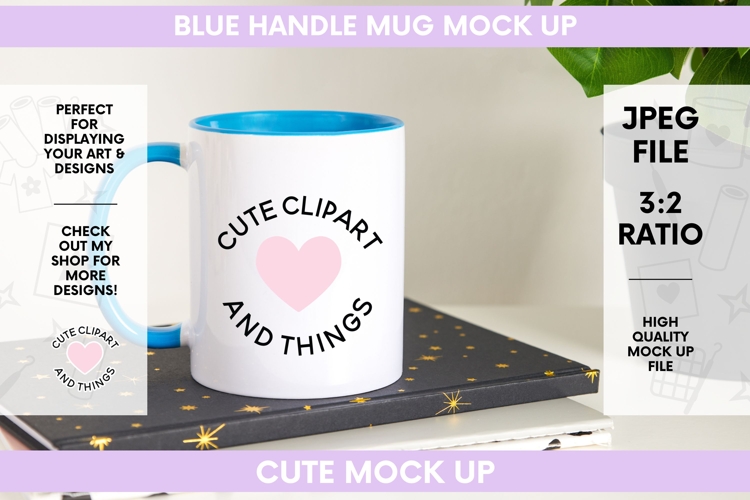 Mug Mock Up | 11oz Blue Handle Mug Mock Up With Monstera