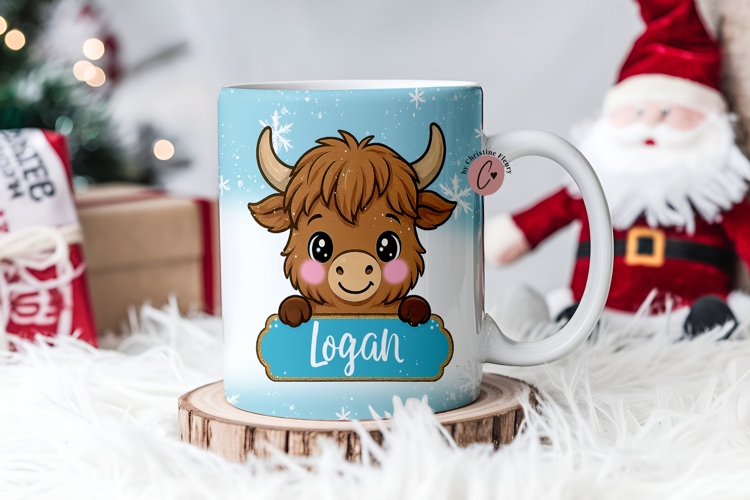 Blue Custom Christmas Highland Cow Mug Wrap