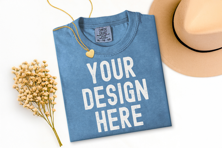 Comfort Colors C1717 Blue Jean Shirt Mockup, Flat Lay Mockup
