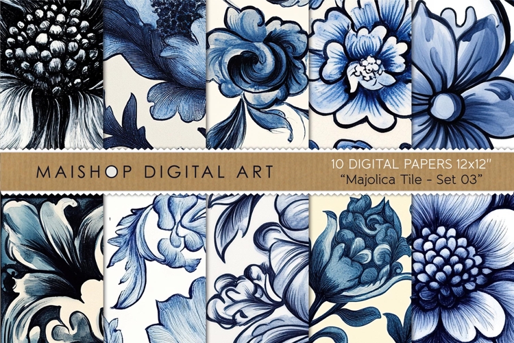 Blue Monochrome Majolica Floral Patterns