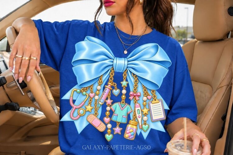 Blue Nurse Bow PNG with Stethoscope and Medical Charms example image 1